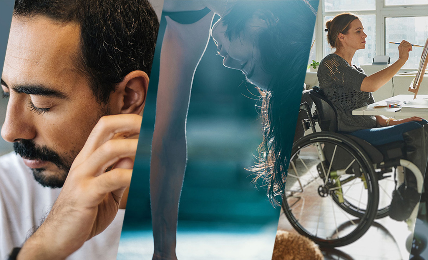 Tri spojene slike, na prvoj je osoba koja drži oči zatvorene, na drugoj je osoba koja radi stoj na rukama, a na trećoj osoba u invalidskim kolicama slika na platnu.