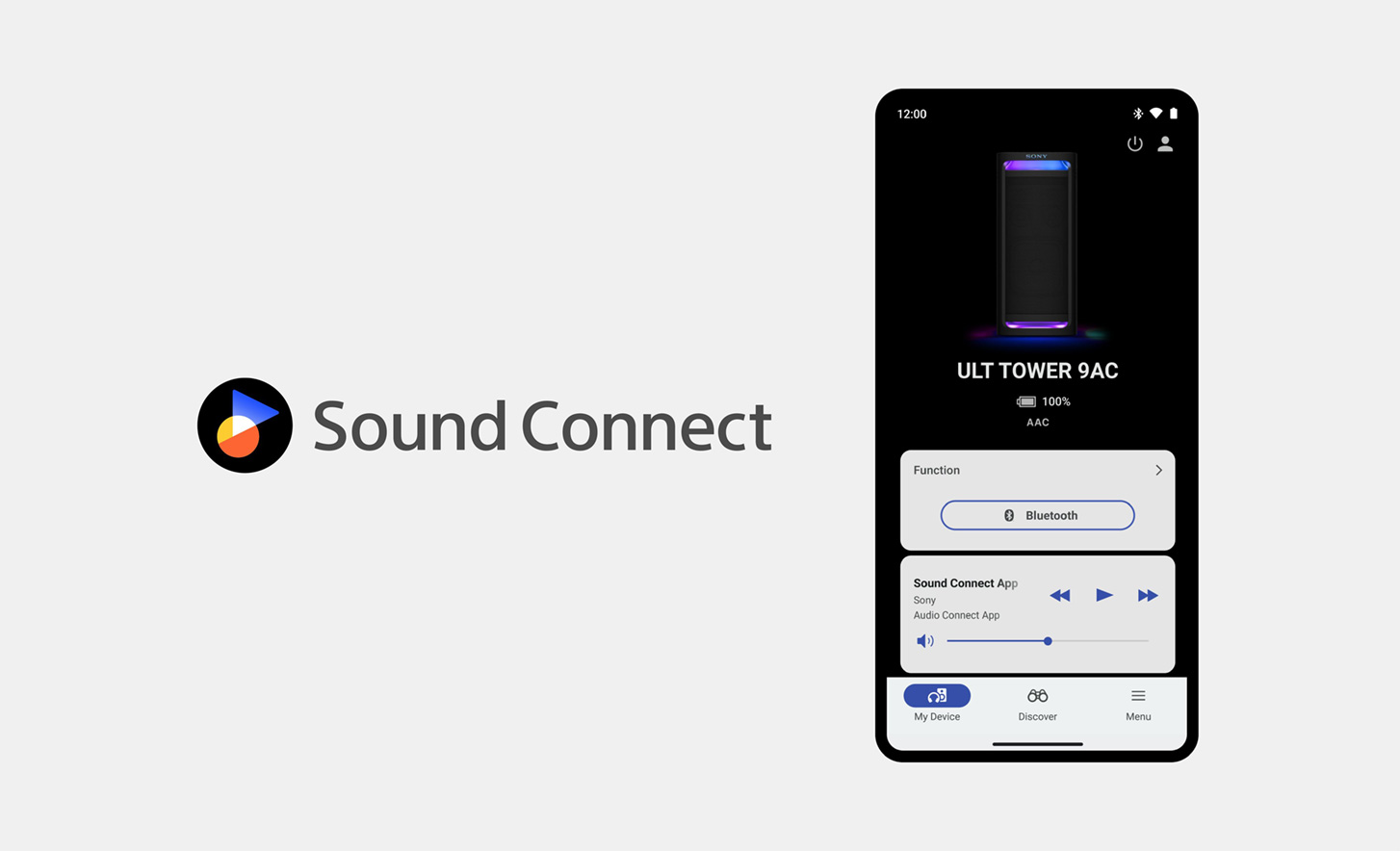 Logotip Sound Connect pored slike mobilnog telefona na čijem ekranu se vidi da je aplikacija Sony Connect otvorena i u upotrebi