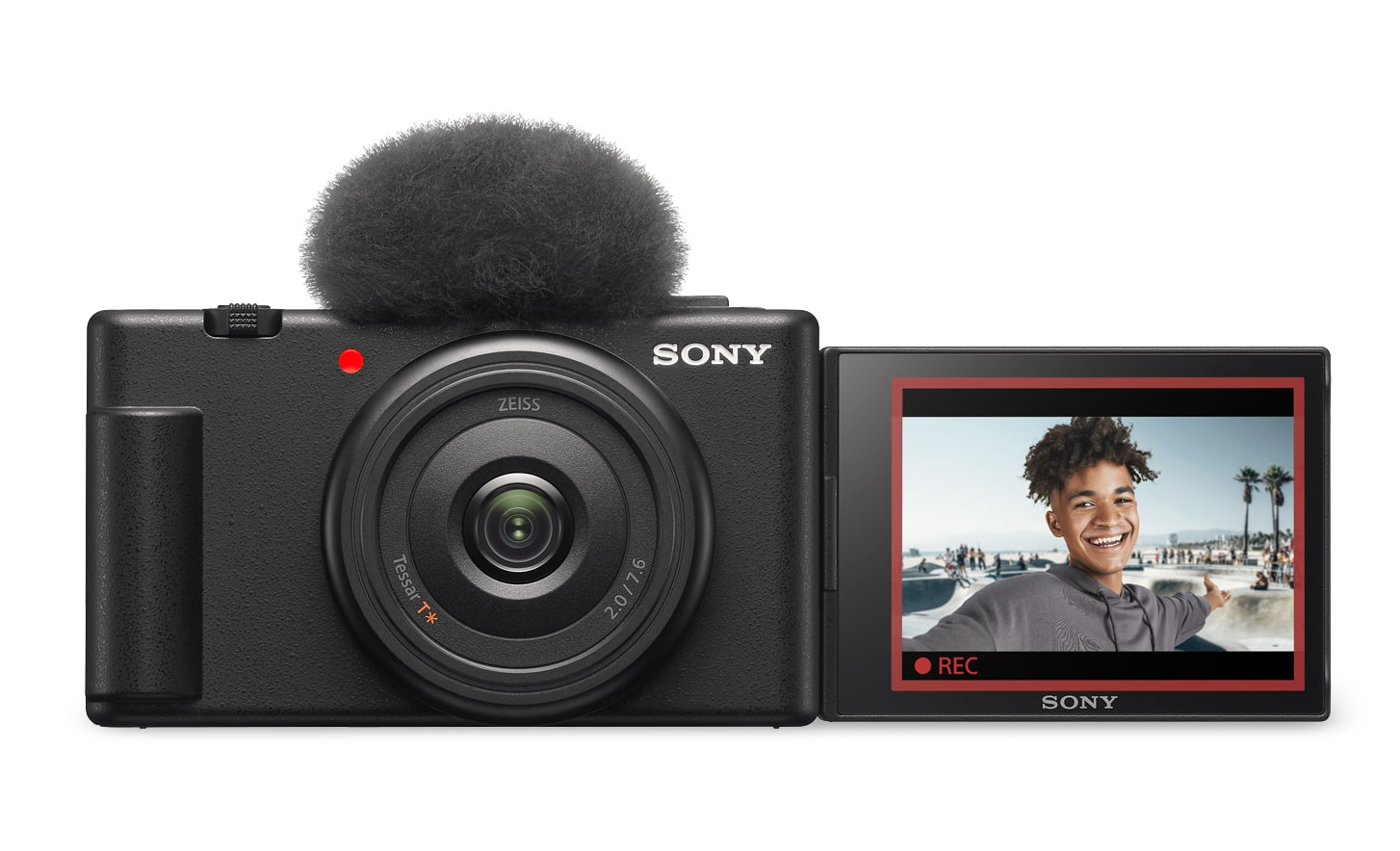 Slika fotoaparata ZV-1F sa postavljenom zaštitom od vetra i otvorenim ekranom