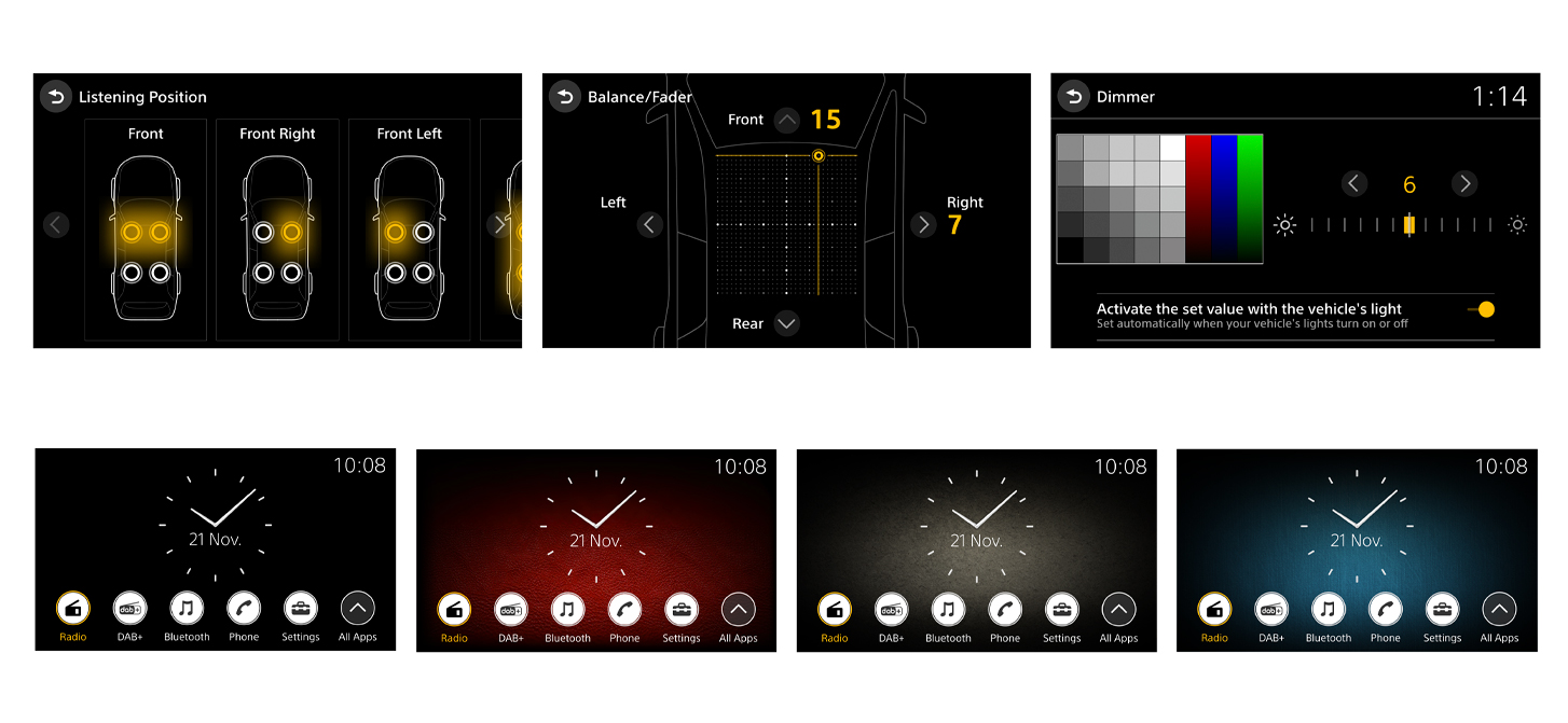 Slika više interfejsa na ekranu i njihovih opcija za XAV-9550ES