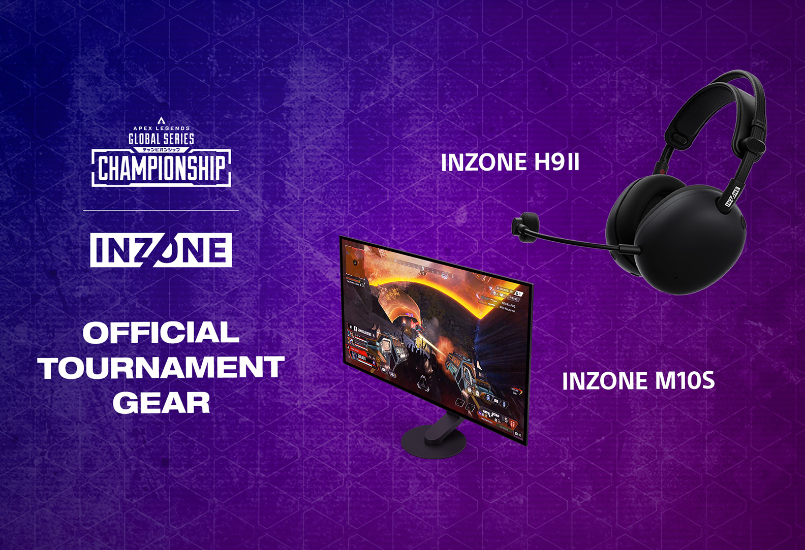 Baner za početnu stranicu koji uključuje sliku monitora M10S i slušalica H9 II za igranje, uz logotipe brenda INZONE i takmičenja Apex Legends Global Series.