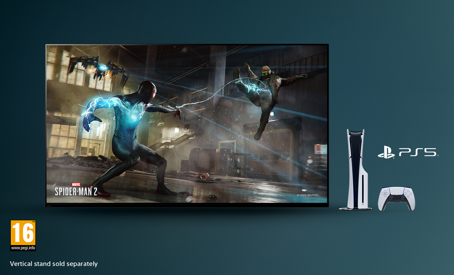 TV sa snimkom ekrana na kom se vidi Marvel SPIDER-MAN 2, konzola PlayStation® 5 i kontroler sa desne strane i logotip PEGI 16 dole levo
